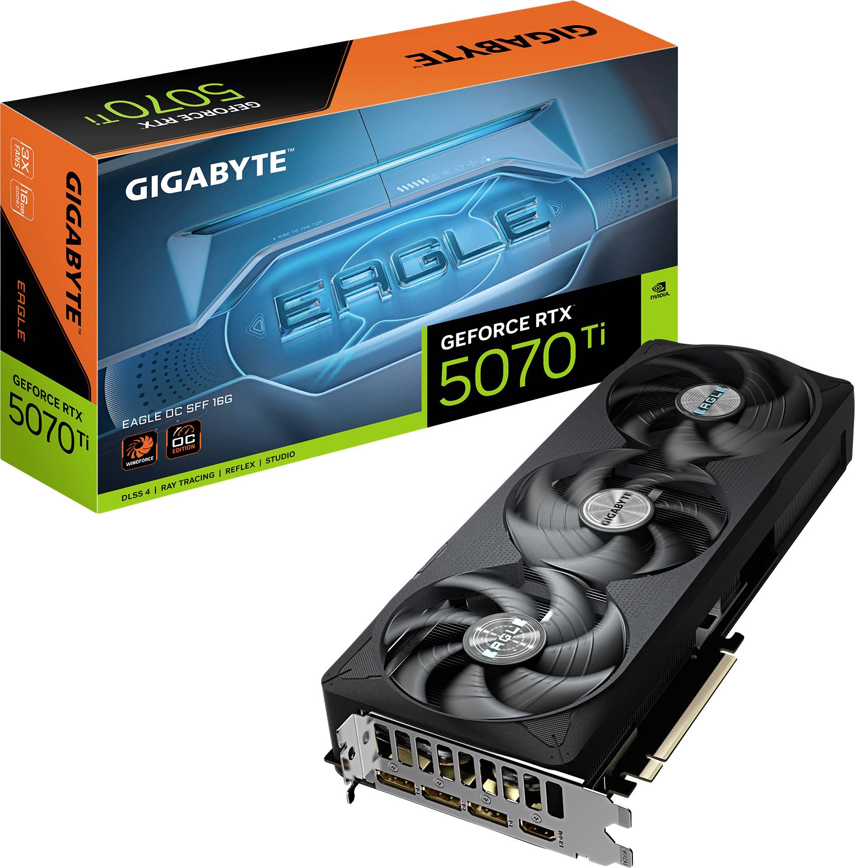 Grafikkarte Gigabyte GeForce RTX 5070 Ti mit drei Lüftern, abgebildet neben der Verpackung. Verpackung betont 'Eagle' und Leistungsmerkmale.