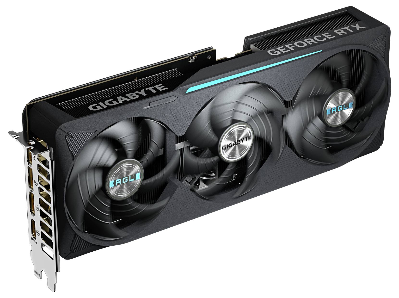 Eine schwarze Grafikkarte der Marke Gigabyte mit drei Lüftern und Modellbeschriftung 'GeForce RTX', aus einem seitlichen Blickwinkel.