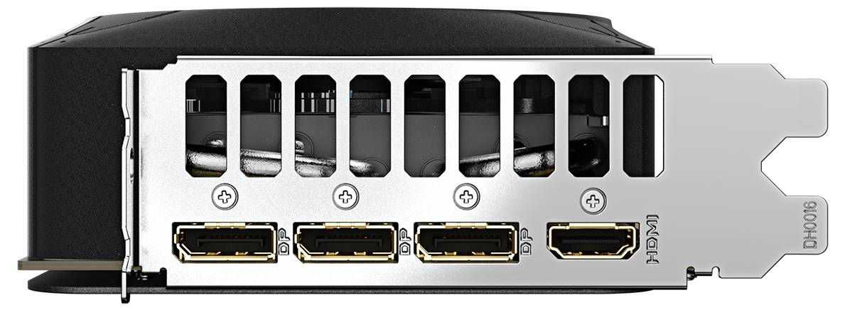 Rückansicht einer Grafikkarte mit vier HDMI-Anschlüssen und Lüftungsschlitzen.