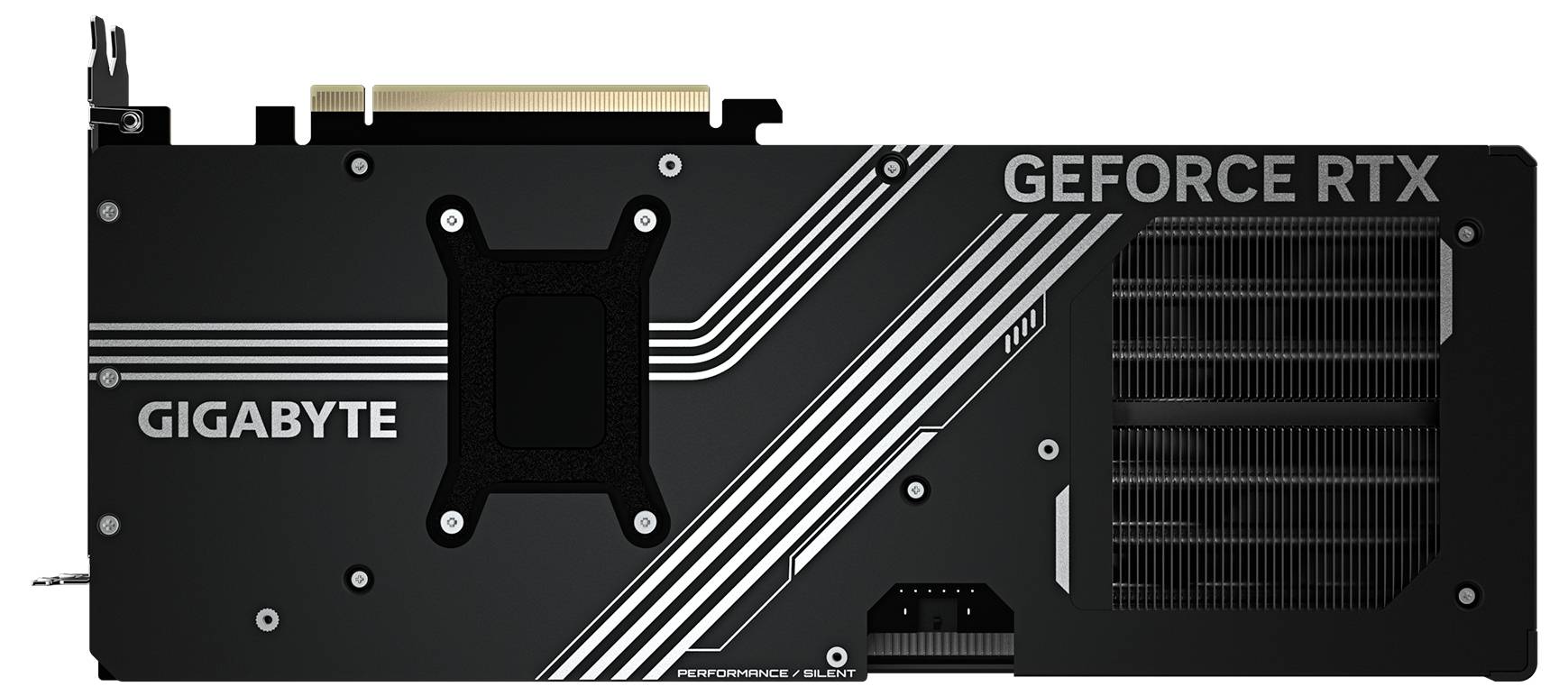 Rückseite einer Gigabyte GeForce RTX Grafikkarte, schwarz mit weißen Linien und Beschriftungen.