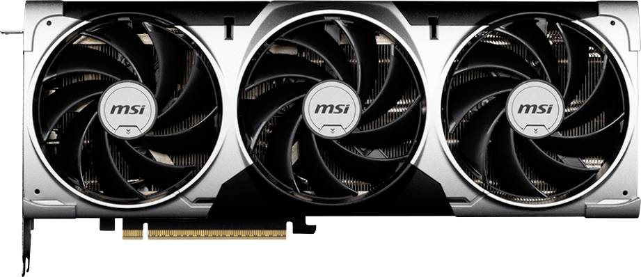 Eine MSI-Grafikkarte mit drei Lüftern in schwarzem und silbernem Design, PCIe-Anschluss unten sichtbar.