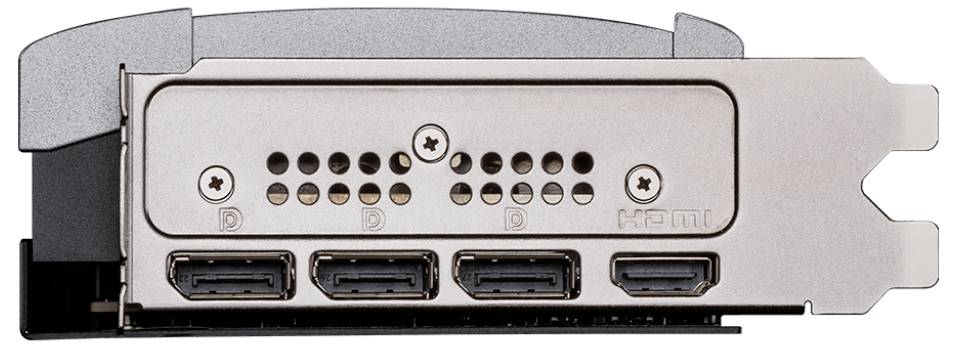 Eine Grafikkarte mit vier Ausgängen: drei DisplayPorts und ein HDMI-Anschluss. Die Karte hat ein metallisches Gehäuse.