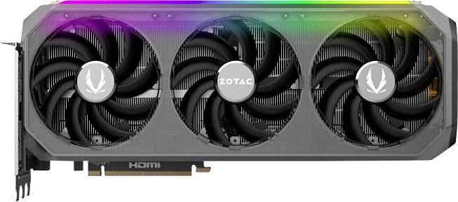 ZOTAC Grafikkarte mit drei großen Lüftern, beleuchtetem Rand in Regenbogenfarben, HDMI-Anschluss hinten, schwarze Gehäusefarbe.