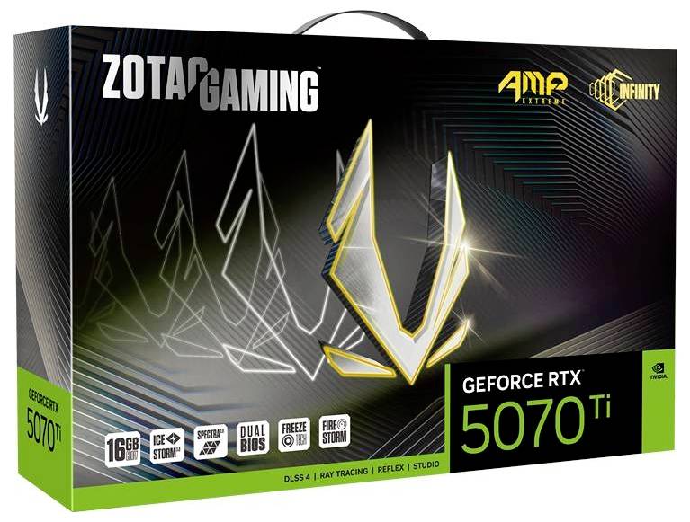 Verpackung einer 'Zotac Gaming GeForce RTX 5070 Ti' Grafikkarte, 16 GB, mit Hervorhebung von Funktionen wie DLSS 4 und Raytracing.