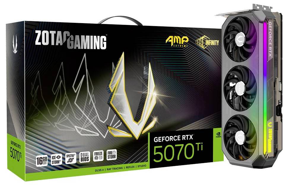 Grafikkarte 'ZOTAC GAMING GeForce RTX 5070 Ti' in Verpackung mit Ampere-Architektur, 16 GB GDDR6X-Speicher und RGB-Beleuchtung.