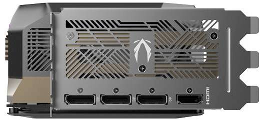 Rückansicht einer Grafikkarte mit Lüftungsschlitzen und mehreren Anschlussports für DisplayPort und HDMI.