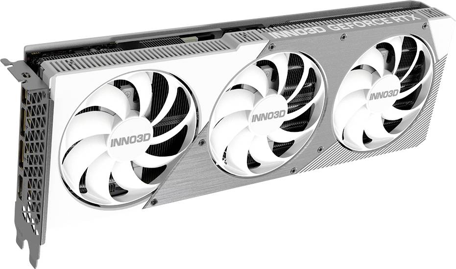 INNO3D-Grafikkarte RTX mit drei Lüftern in einem hellen Gehäuse.