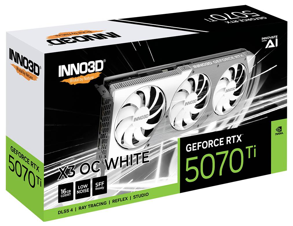 Verpackung der Grafikkarte 'GeForce RTX 5070 Ti' von Inno3D, weißes Modell mit drei Lüftern, 16 GB GDDR6X, DLSS 4 und Ray Tracing.