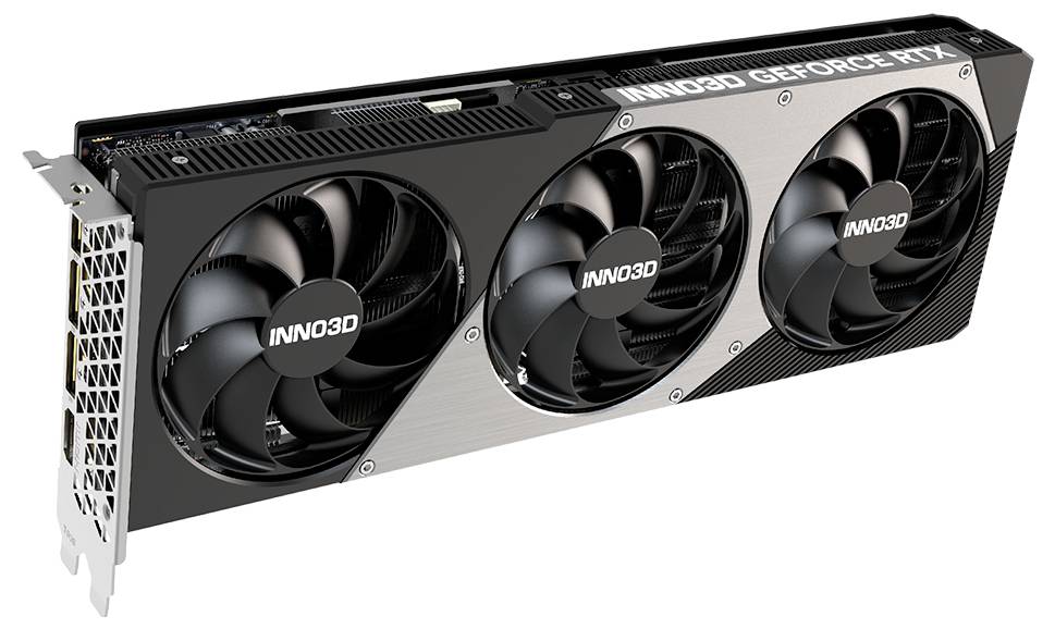 Eine Grafikkarte mit drei Lüftern der Marke INNO3D, Modell GeForce RTX. Sie ist schwarz und silbern mit sichtbaren Kühlrippen.