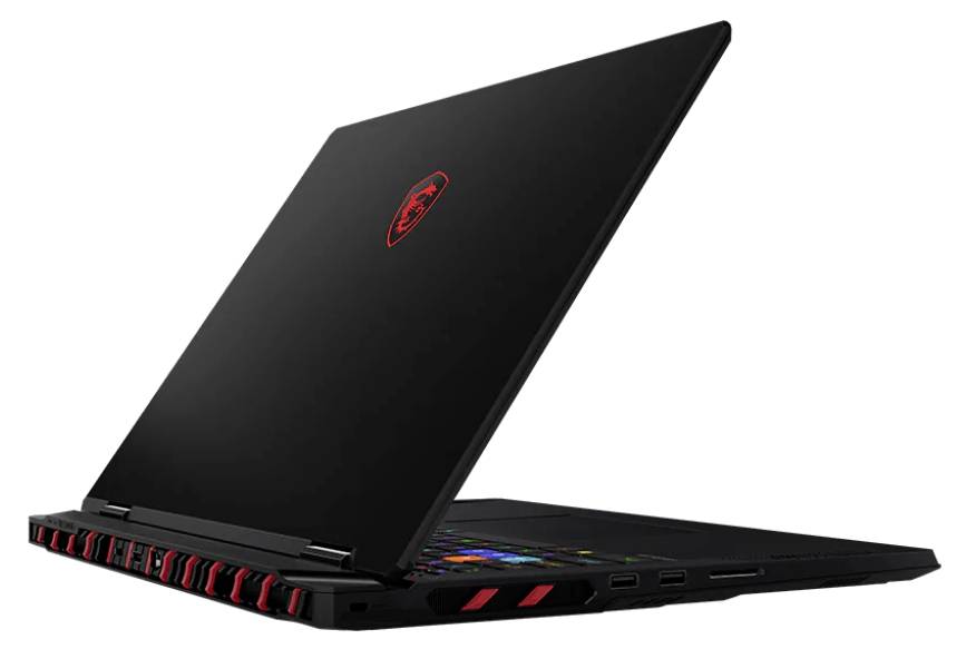 Schwarzer Laptop, teilweise geöffnet, zeigt bunte Tastenbeleuchtung. Rückseite und Lüftungsschlitze sind sichtbar.