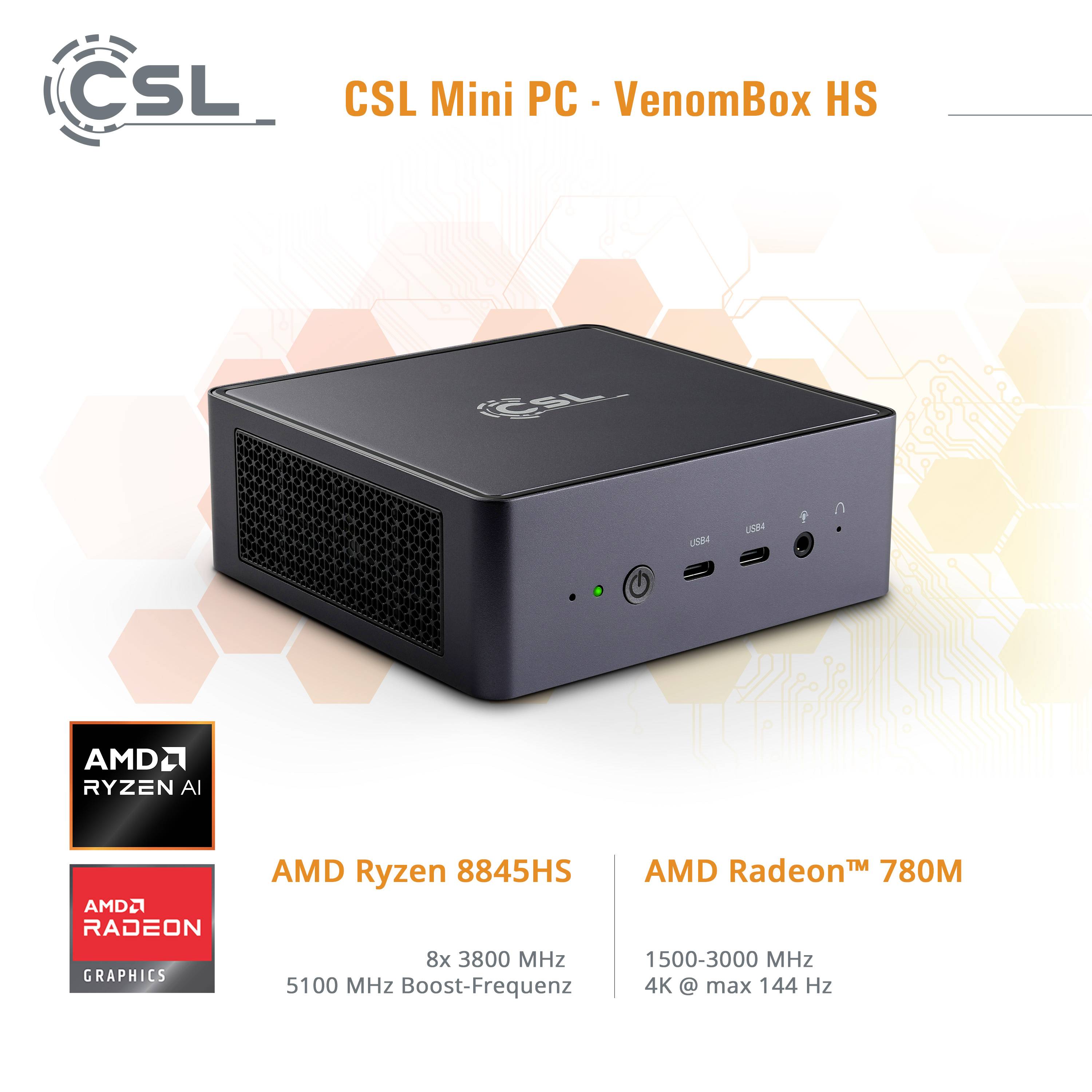 CSL Computer Mini PC VenomBox 8845HS AMD Ryzen 7 8845HS 5.1GHz 32GB RAM 500GB SSD AMD Radeon™ 780M Win 11 Home 90527