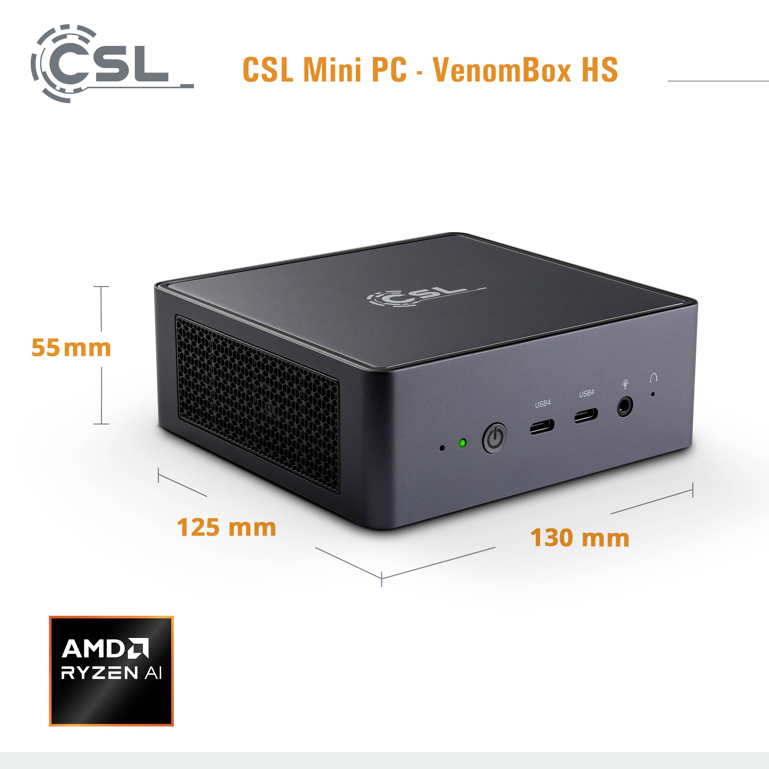 'CSL Mini PC - VenomBox HS' gezeigt, mit den Maßen 130 mm x 125 mm x 55 mm. Enthält AMD Ryzen AI Technologie.