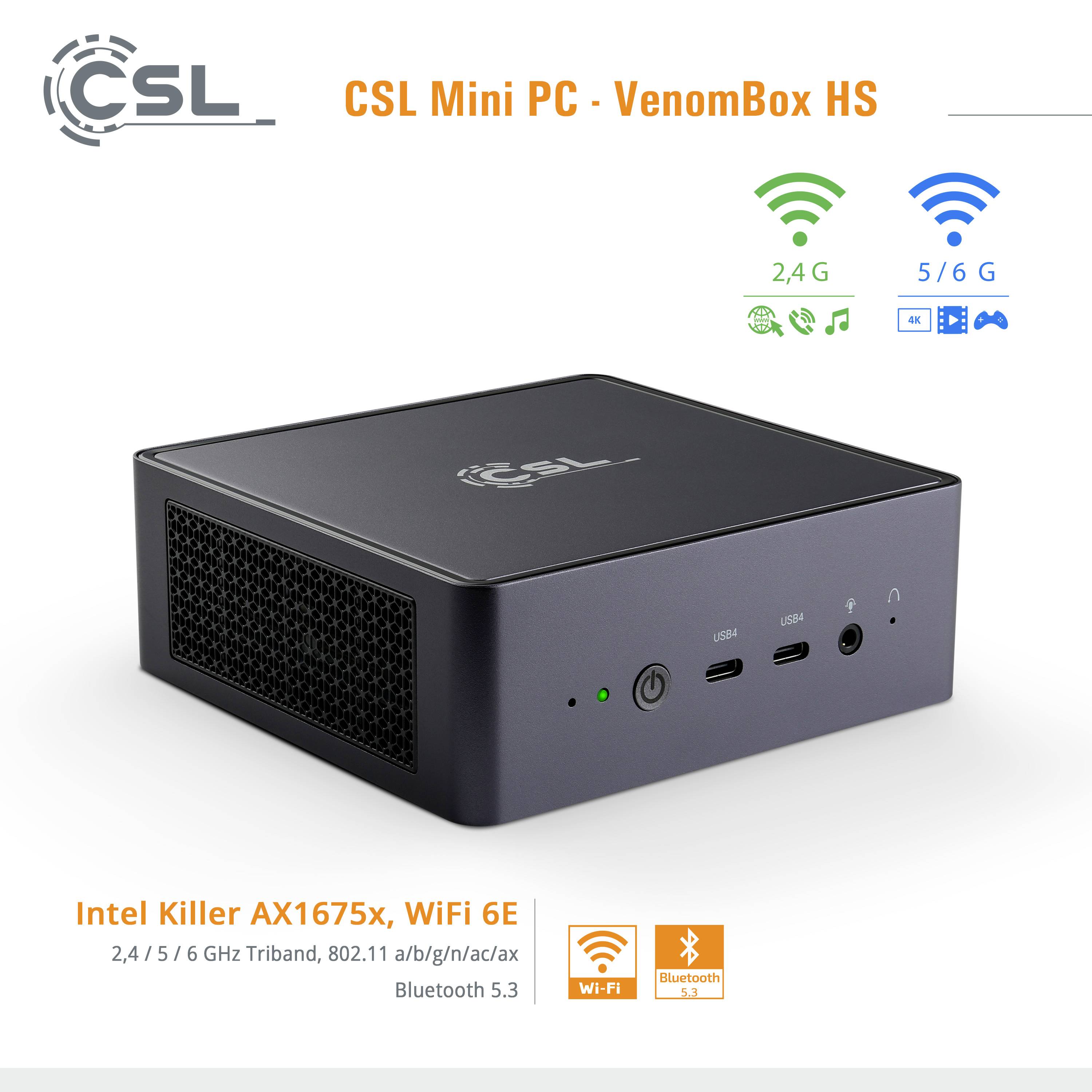 'CSL Mini PC - VenomBox HS' abgebildet. Mini-PC mit Intel Killer AX1675x, WiFi 6E, zeigt Symbole für 2,4G/5G WiFi, Bluetooth, Intel Prozessor.