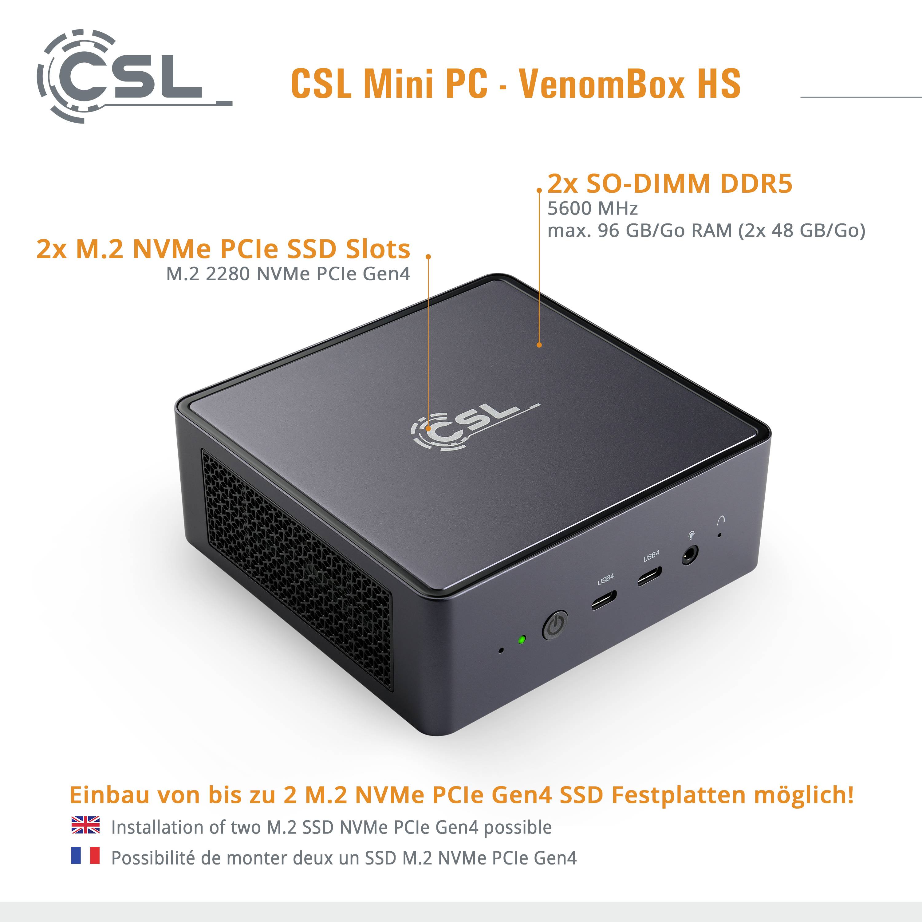 'CSL Mini PC - VenomBox HS' abgebildet. Hauptmerkmale: 2x M.2 NVMe PCIe-Slots, 2x SO-DIMM DDR5 Slots, 2,5 GHz-Prozessor.