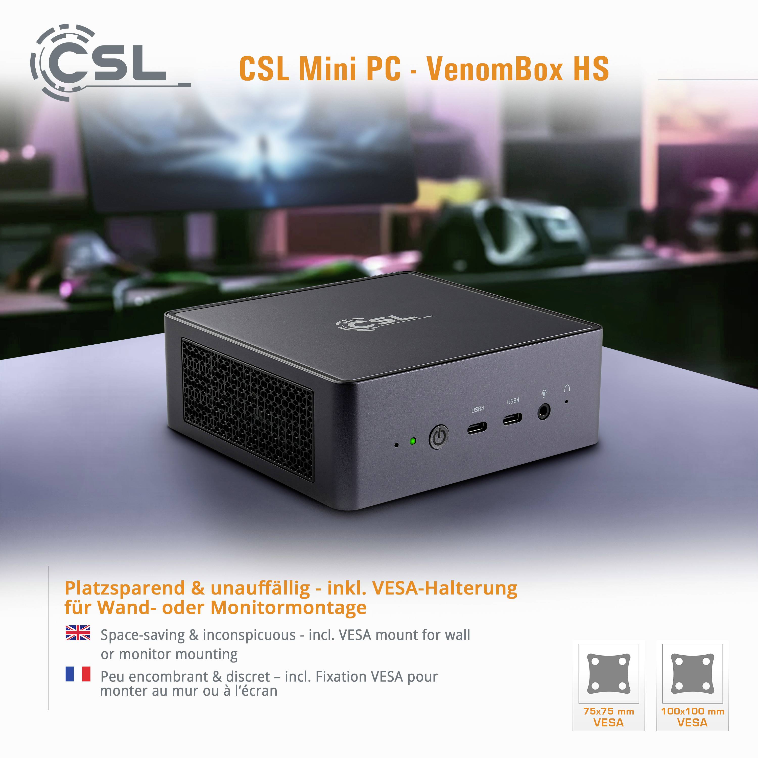 Kompakter schwarzer Mini-PC mit Anschlüssen; geeignet für Montage an Wand oder Monitor. Firmenlogo oben links, Text unten beschreibt Montageoptionen.