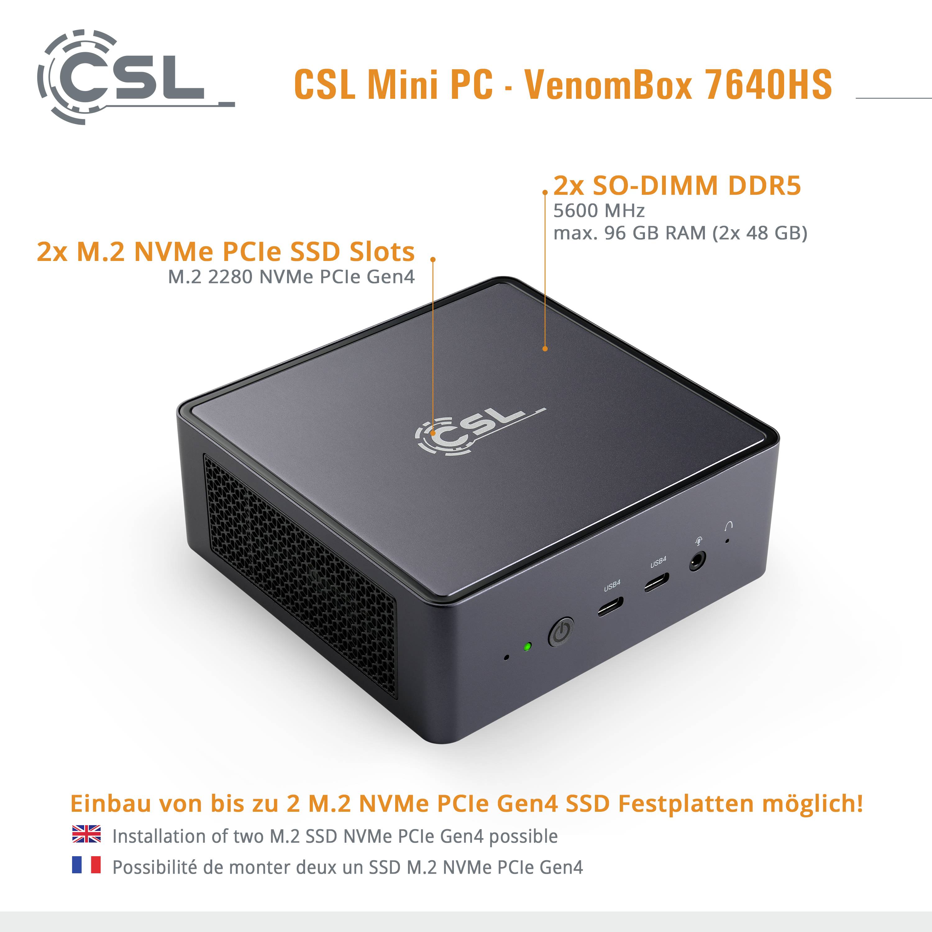 CSL Computer Mini PC VenomBox 7640HS AMD Ryzen 5 7640HS 5GHz 32GB RAM 2000GB SSD AMD Radeon™ 760M Win 11 Home 93146