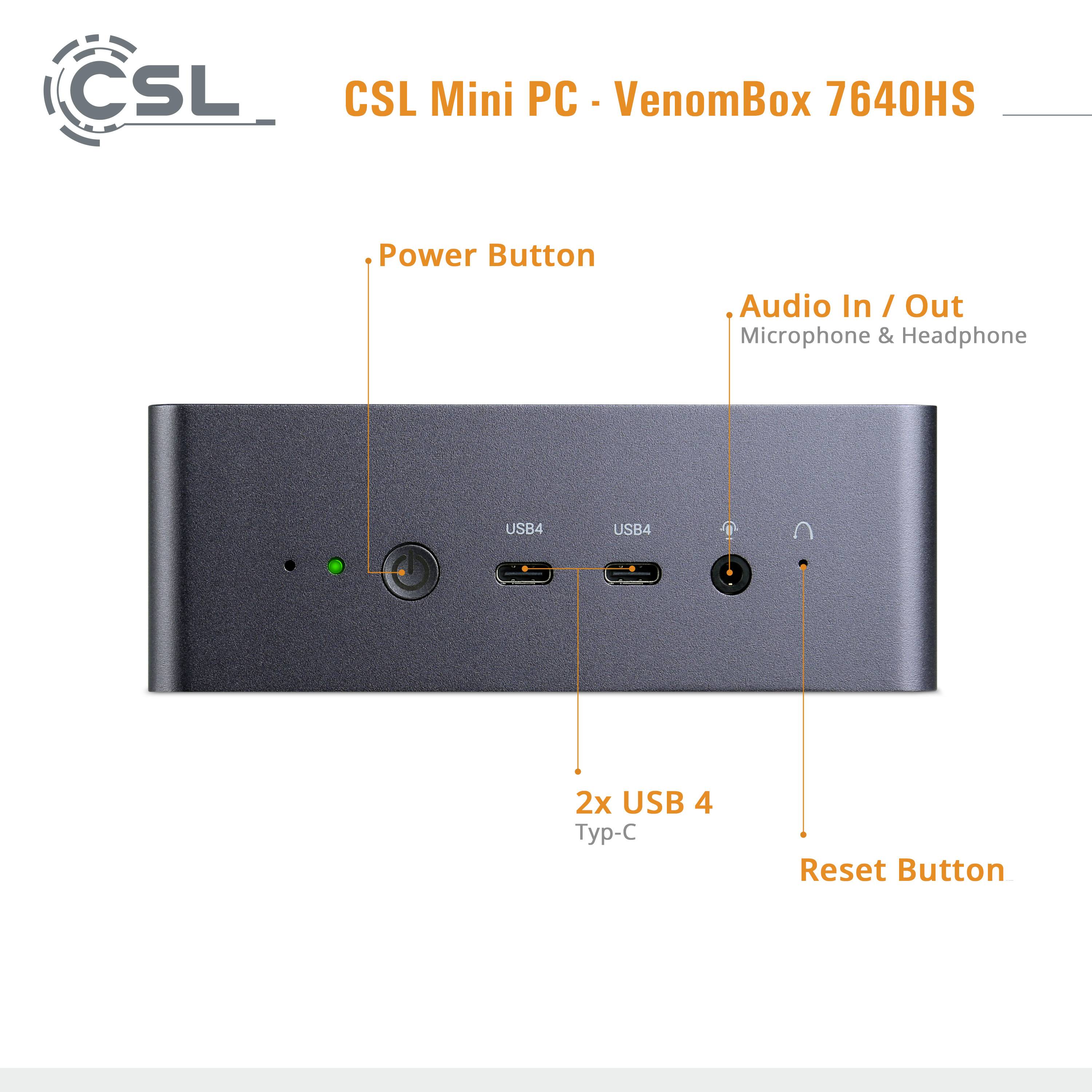 Schwarzes Mini-PC-Gehäuse 'CSL Mini PC - VenomBox 7640HS' mit Anschlüssen: Power, 2x USB 4, Audio/Eingang/Ausgang, Reset-Taste.