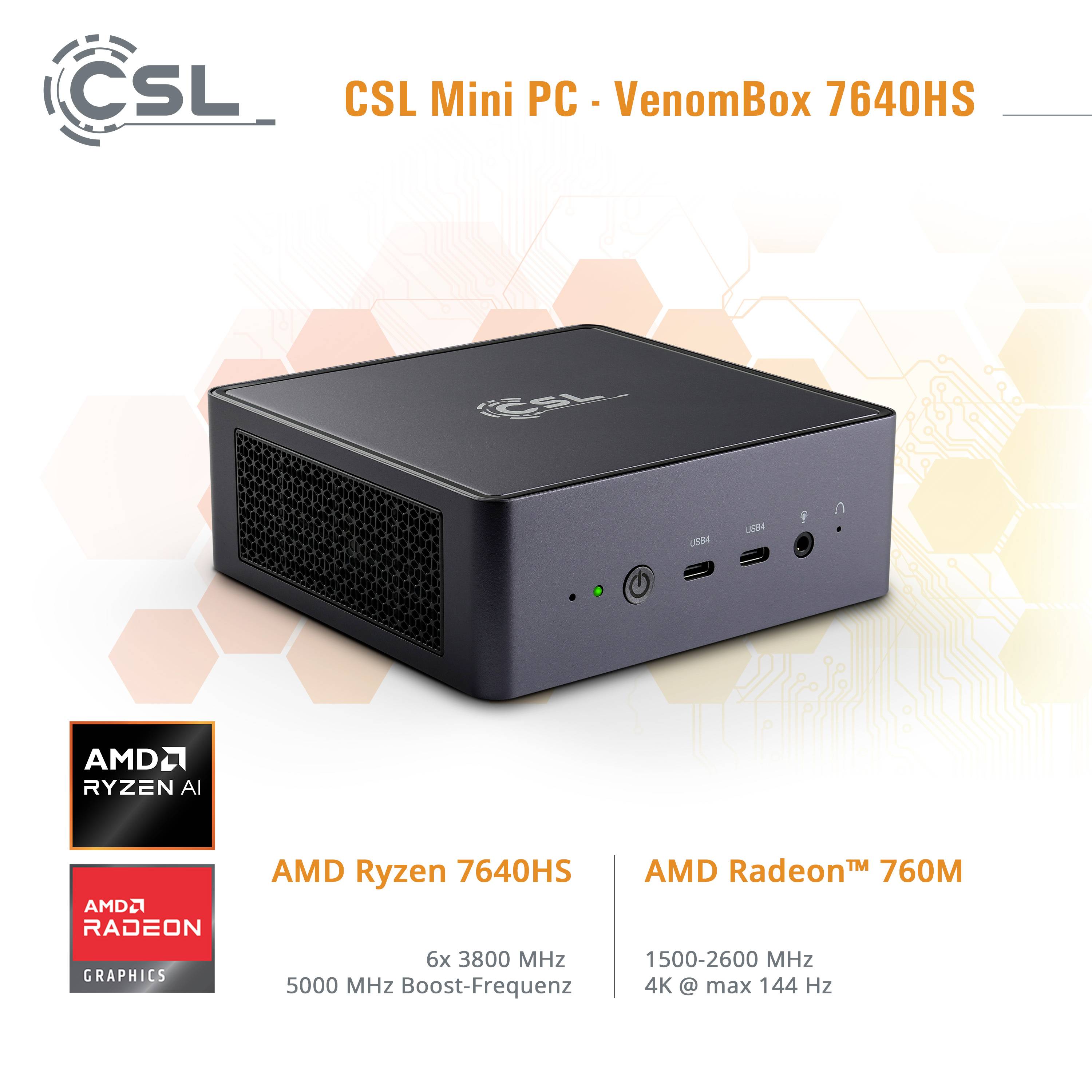 Ein kompakter CSL Mini-PC, Modell VenomBox 7640HS, mit AMD Ryzen 7640HS Prozessor und AMD Radeon 760M Grafik, geeignet für 4K bei max 144 Hz.