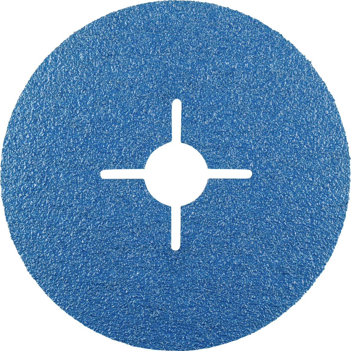 Eine blaue Schruppscheibe mit einem Kreuzschlitz in der Mitte, verwendet zum Schleifen von Metalloberflächen.