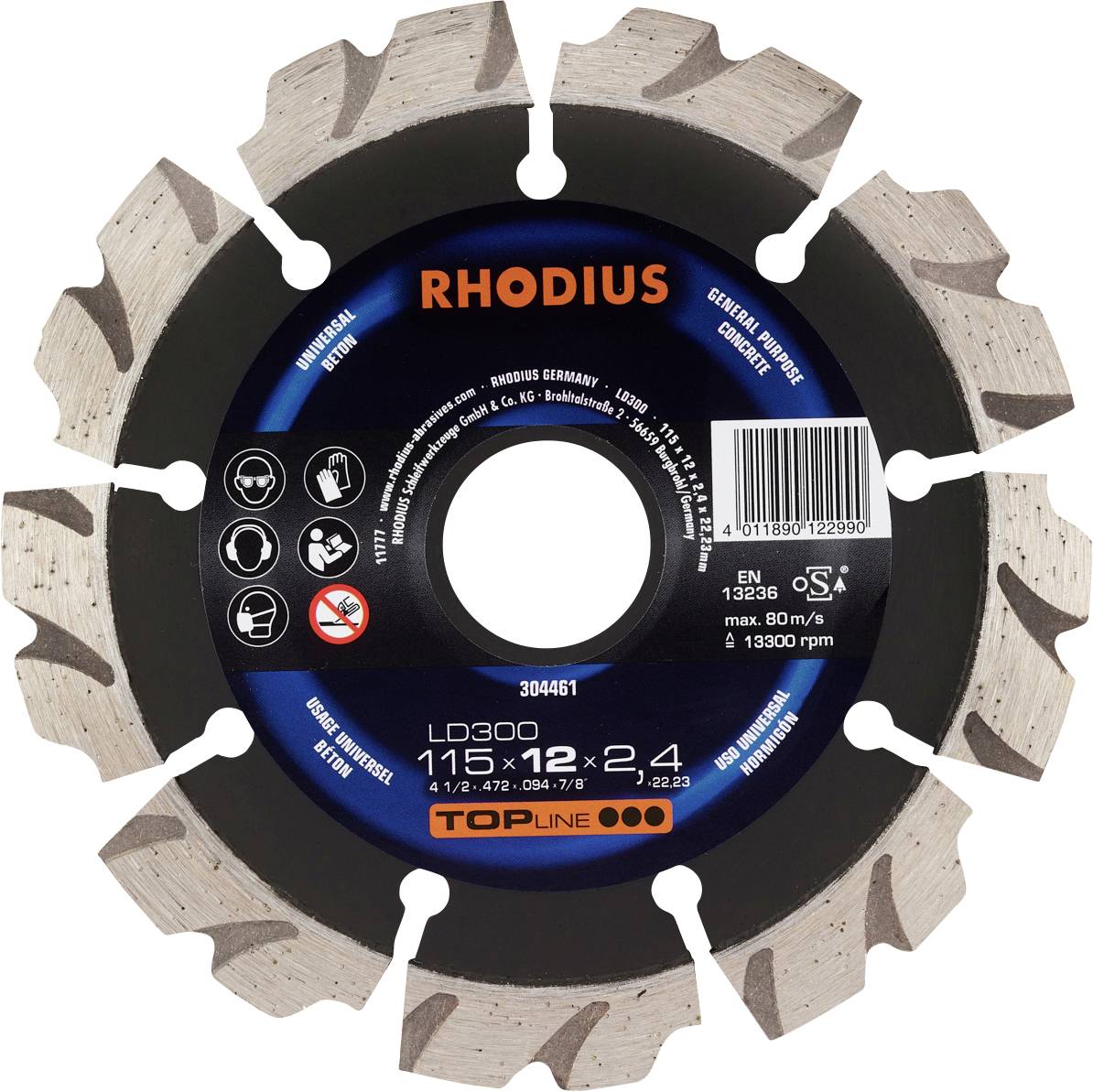'Rhodius' Aufschrift auf einer Segmenttrennscheibe, 115 mm Durchmesser, 22,23 mm Bohrung, geeignet für Beton und Granit.