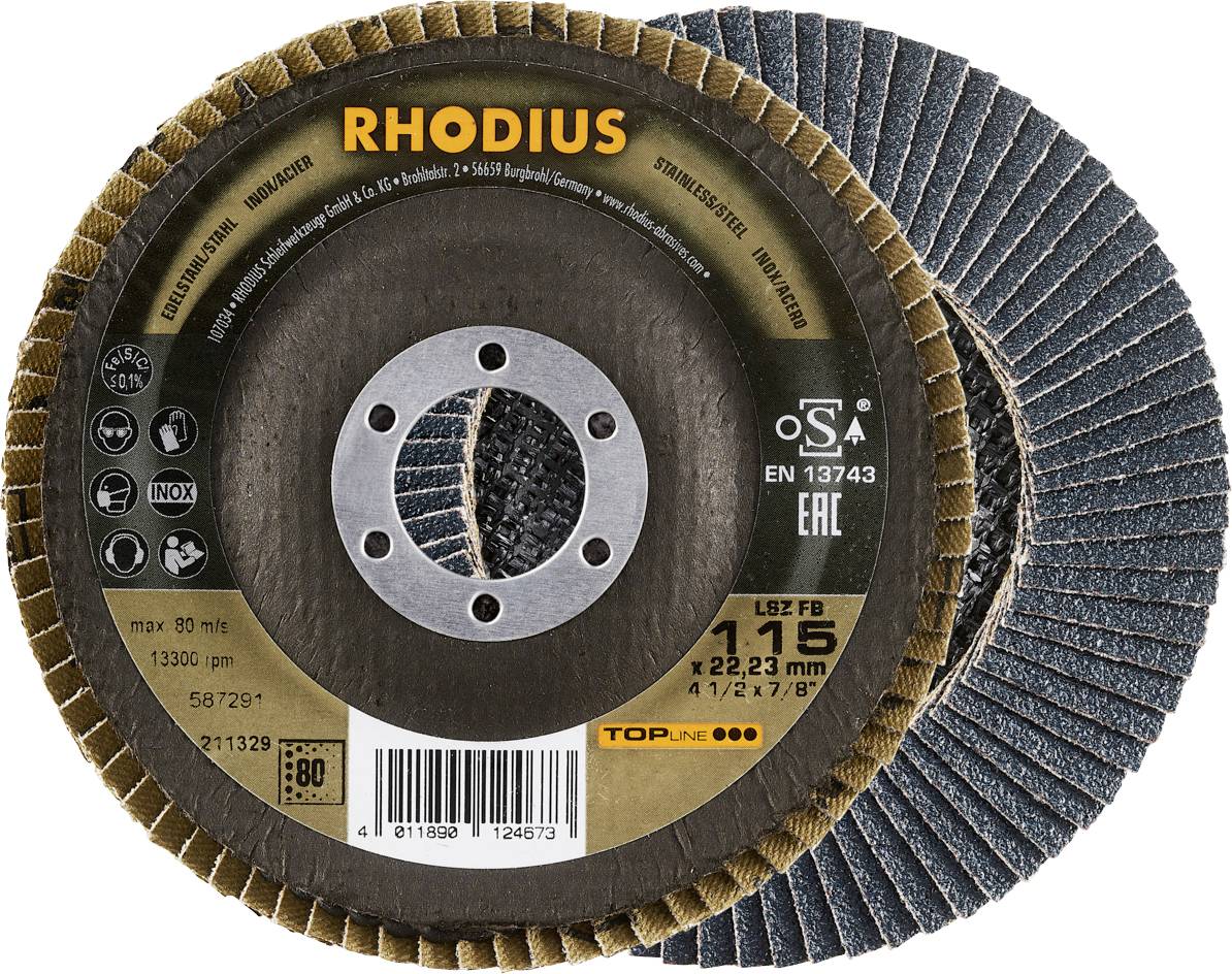 Flap-Scheibe von Rhodius mit 115 mm Durchmesser, geeignet für Metallbearbeitung, max. 13.300 U/min, Körnung 80.