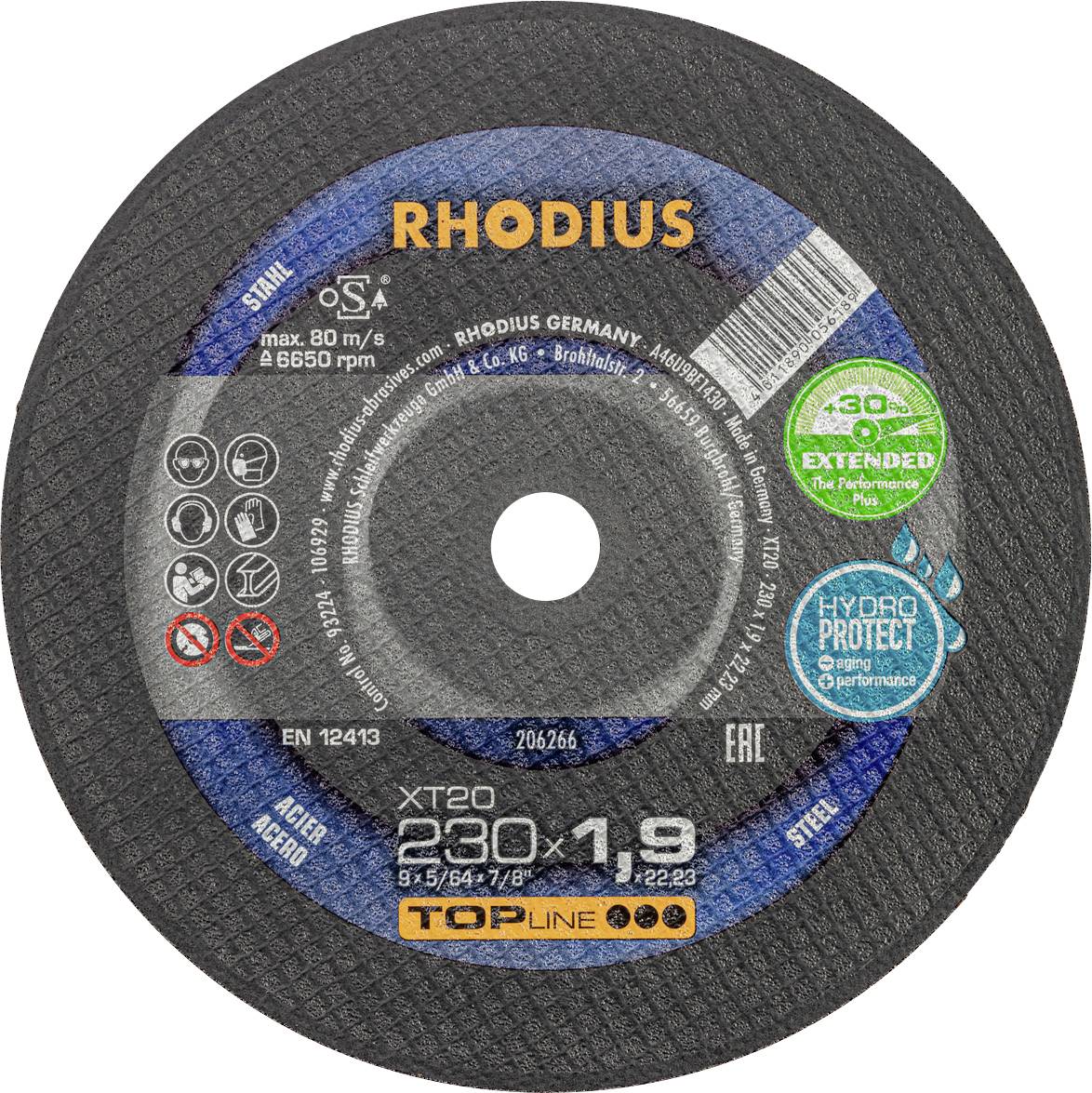 RHODIUS Schleifscheibe XT20, Durchmesser 230 mm, Dicke 1,9 mm. Geeignet für Stahl schnelles Trennen. HydroProtect verlängerter Schutz.