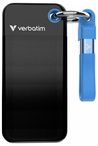 Externe schwarze Festplatte von 'verbatim' mit einer blauen Schlaufe am Ring befestigt.