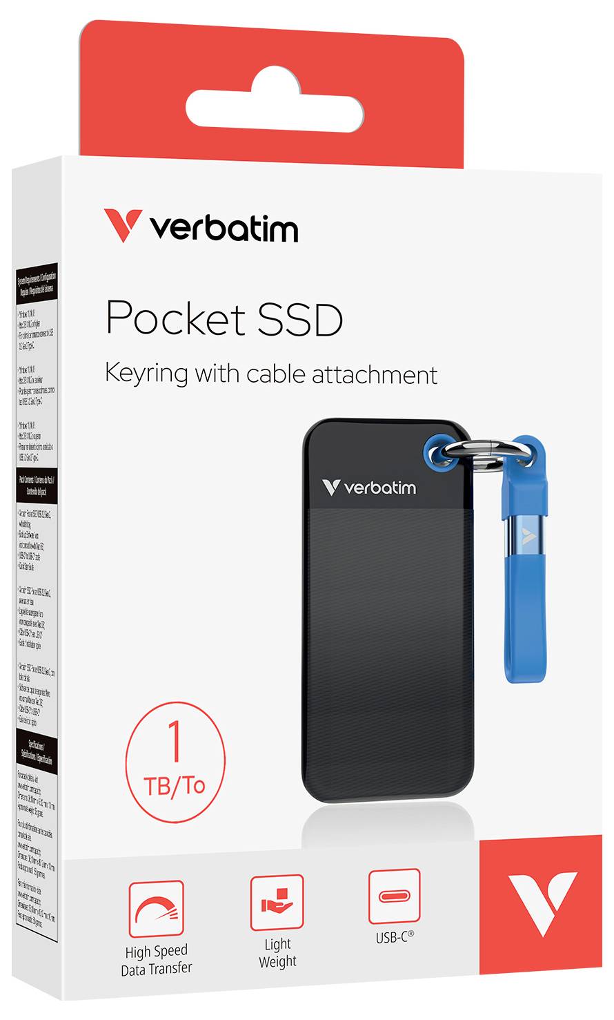 Verbatim Pocket SSD mit Schlüsselanhänger und Kabel. 1 TB Speicherkapazität. Hohe Geschwindigkeit, leicht, USB-C kompatibel.