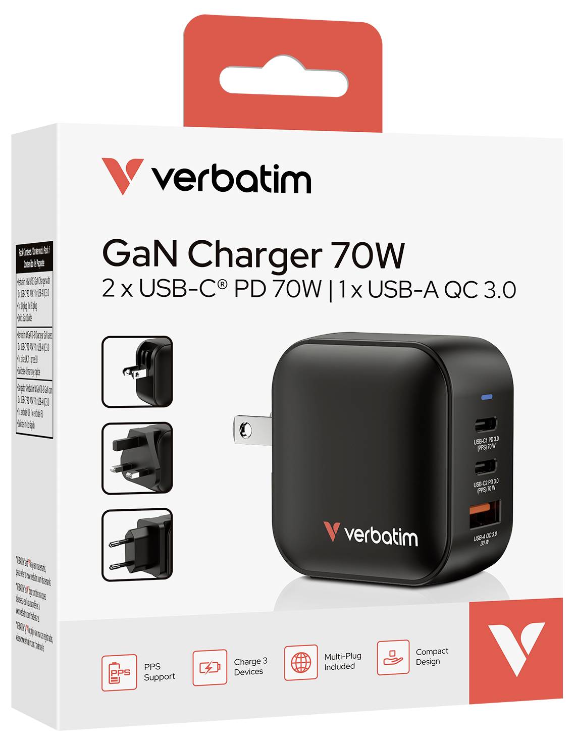 Verbatim Mini GaN Charger Reiseladeadapter 70W 1x USB-A, 2x USB-C® USB PD 3.0, QC 3.0, QC 4+ Schwarz Schnellladegerät, GaN, mit