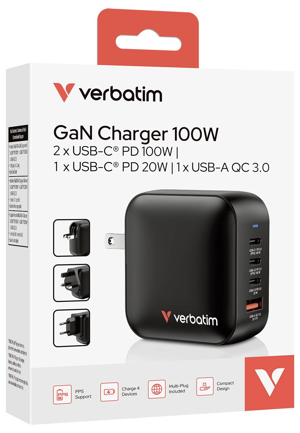 Verbatim Mini GaN Charger Reiseladeadapter 100W 1x USB-A, 3x USB-C® USB PD, USB PD 3.0, QC 3.0 Schwarz Schnellladegerät, GaN, mit