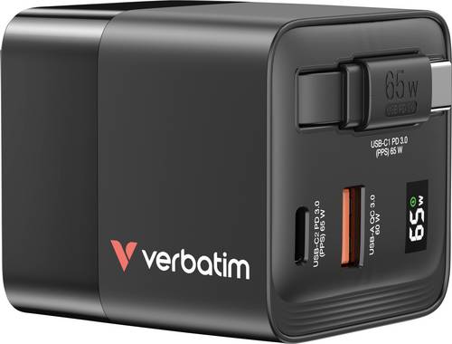 Verbatim GaN Charger 65 W Reiseladeadapter 65 W 1x USB-A, 1x USB-C® USB PD, USB PD 3.0, QC 3.0 Schw