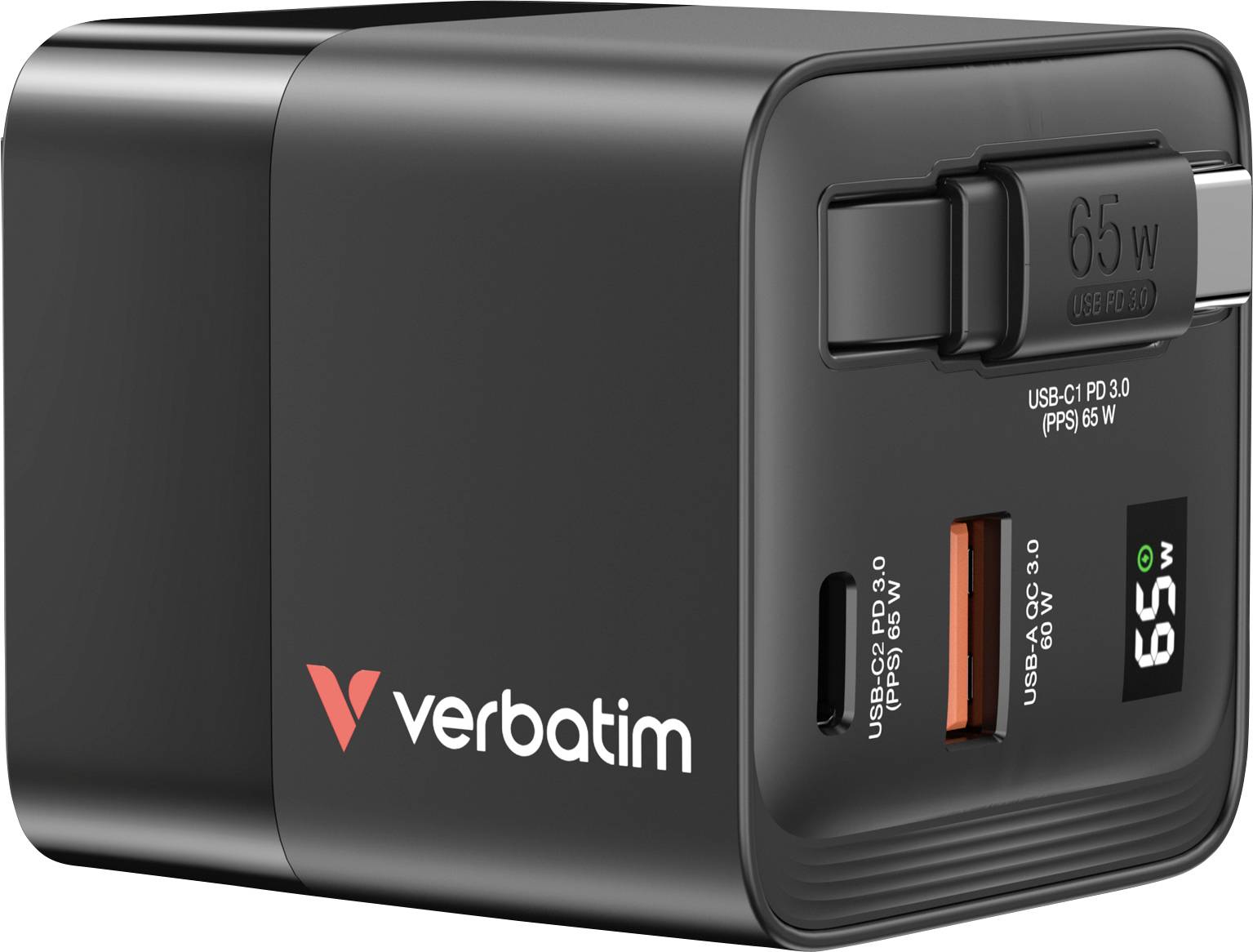 Schwarzes Verbatim-Ladegerät mit zwei USB-Anschlüssen und 65W-Leistung. Geeignet für schnelles Laden von Geräten.