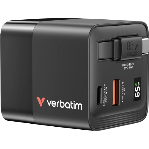 Verbatim GaN Charger 65W Reiseladeadapter 65W 1x USB-A, 1x USB-C® USB PD, USB PD 3.0, QC 3.0 Schwarz Schnellladegerät, GaN, mit Verbatim GaN Charger 65W Reiseladeadapter 65W 1x USB-A, 1x USB-C® USB PD, USB PD 3.0, QC 3.0 Schwarz Schnellladegerät, GaN, mit