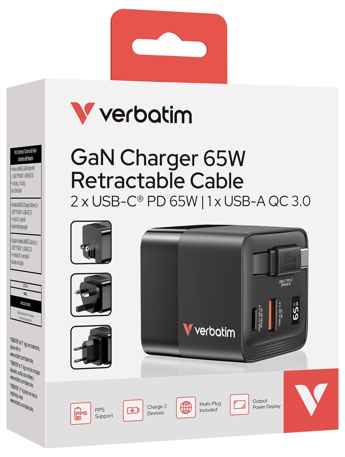 Verbatim GaN Charger 65W Reiseladeadapter 65W 1x USB-A, 1x USB-C® USB PD, USB PD 3.0, QC 3.0 Schwarz Schnellladegerät, GaN, mit