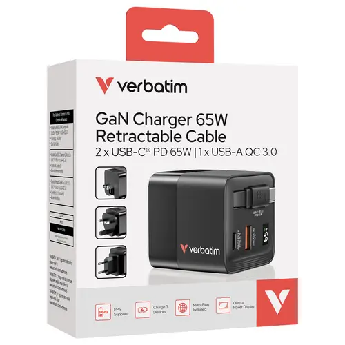 Verbatim GaN Charger 65W Reiseladeadapter 65W 1x USB-A, 1x USB-C® USB PD, USB PD 3.0, QC 3.0 Schwarz Schnellladegerät, GaN, mit Verbatim GaN Charger 65W Reiseladeadapter 65W 1x USB-A, 1x USB-C® USB PD, USB PD 3.0, QC 3.0 Schwarz Schnellladegerät, GaN, mit