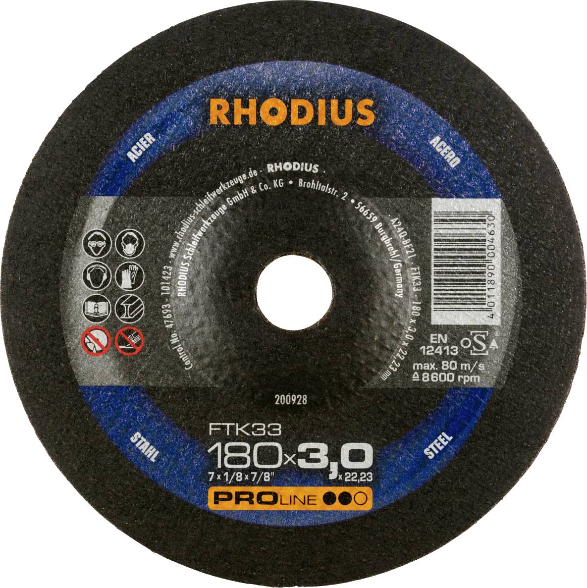 Kreisscheibe mit der Aufschrift 'RHODIUS', geeignet für Stahl. Durchmesser: 180 mm, Dicke: 3 mm. Drehzahl max. 8500 U/min.