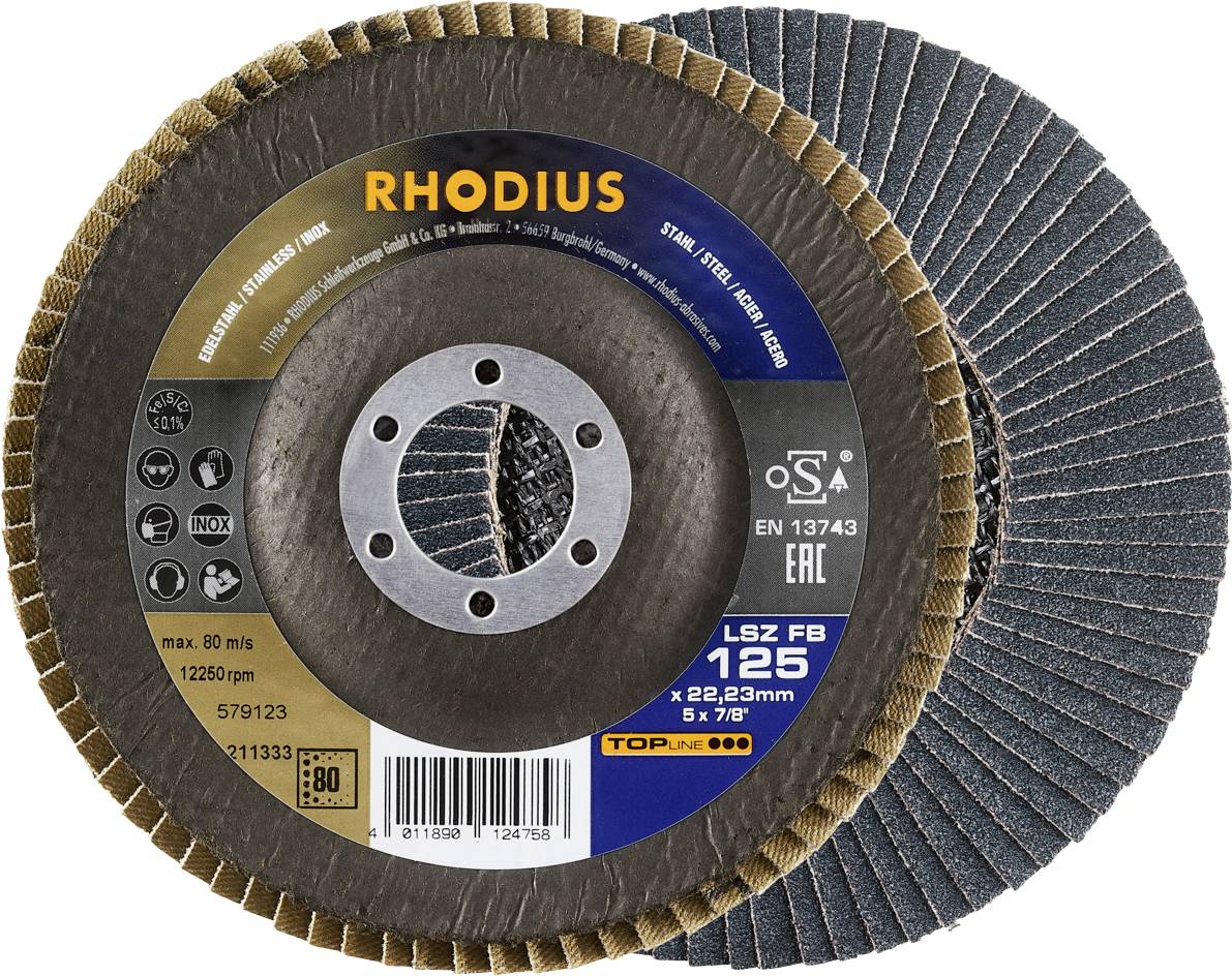 'RHODIUS' Fächerschleifscheibe, Durchmesser 125mm, geeignet für Stahl/Edelstahl. Markierungen 'EN 13743' und 'TOP.line'.