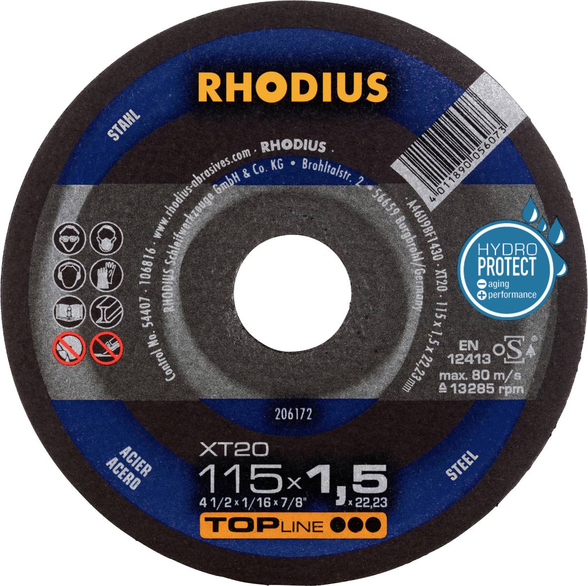 'RHODIUS'-Schneidscheibe, Durchmesser 115 mm, Dicke 1,5 mm. Geeignet für Stahl und Edelstahl. Markierungen: Hydro Protect, XT20, Topline.