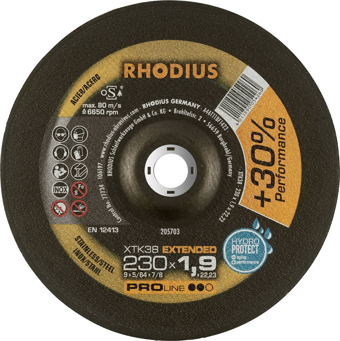 'RHODIUS XT38' Trennscheibe für Metall, 230 x 1,9 mm. Hergestellt in Deutschland, bietet sie +30% Leistung und ist Edelstahl geeignet.