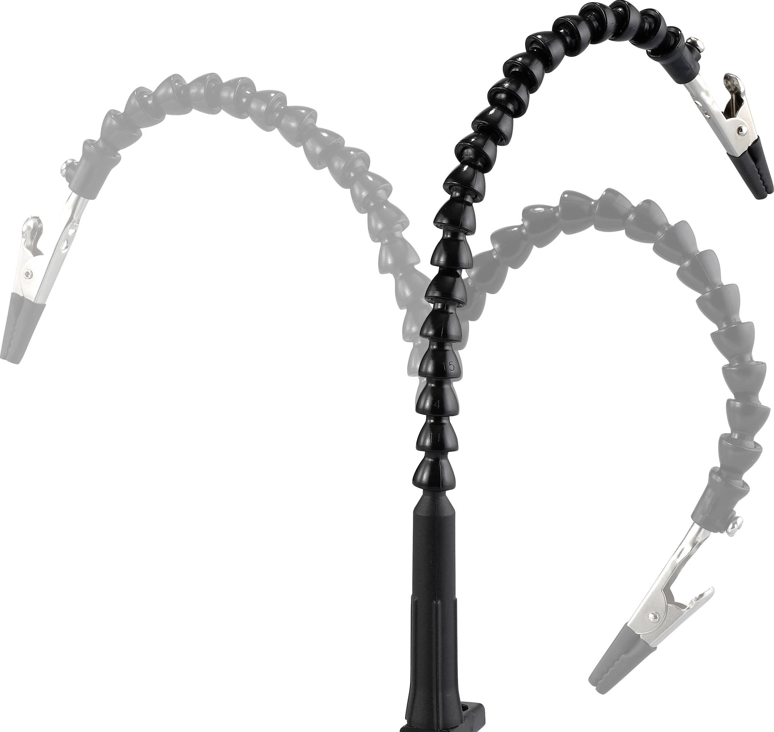 Ein flexibler Arm mit Clip-Halterungen an beiden Enden, dargestellt in variablen Positionen, zeigt seine Anpassungsfähigkeit.