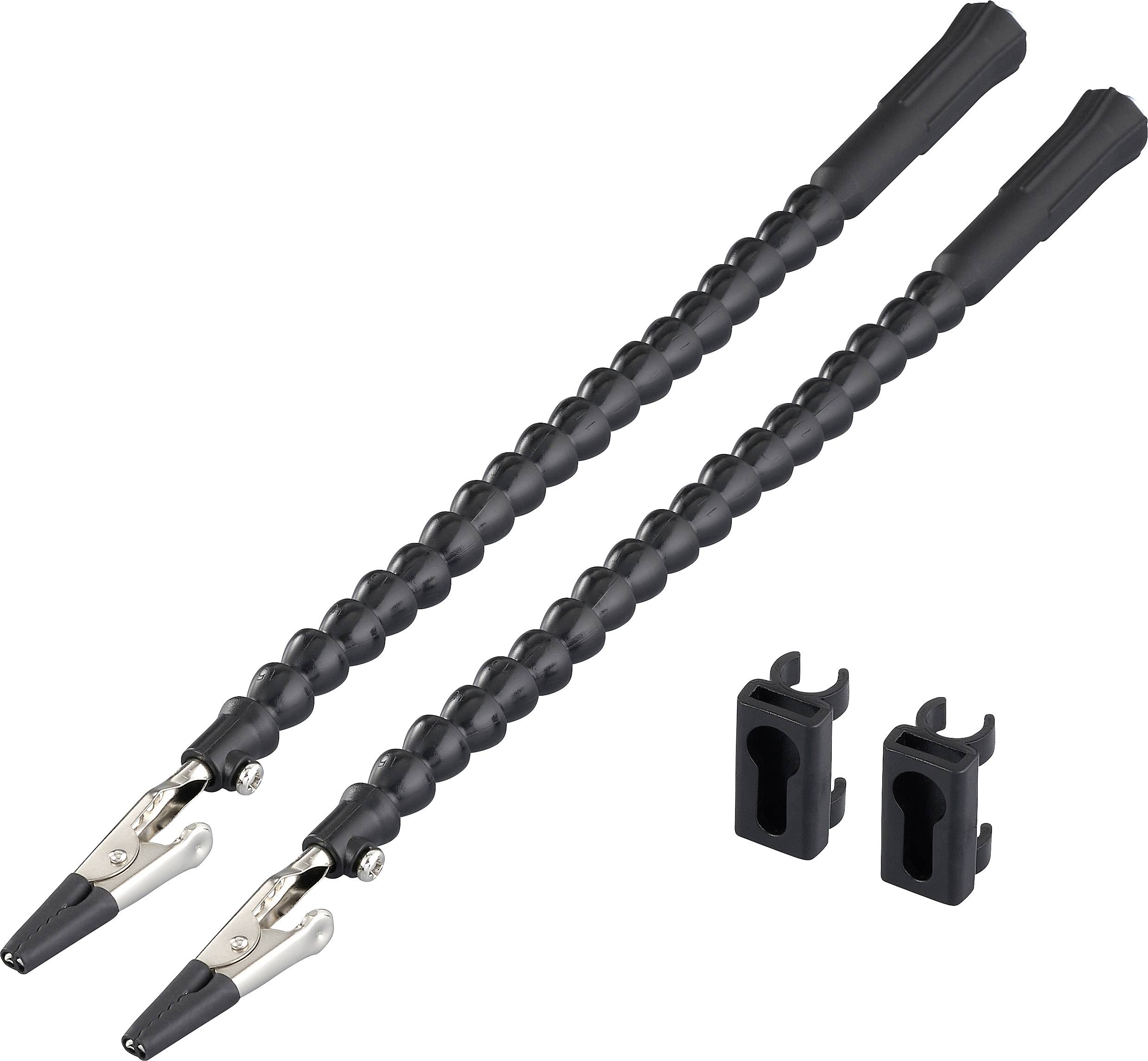 Zwei schwarze, flexible Haltearme mit Krokodilklemmen und zwei schwarze Steckhalterungen.