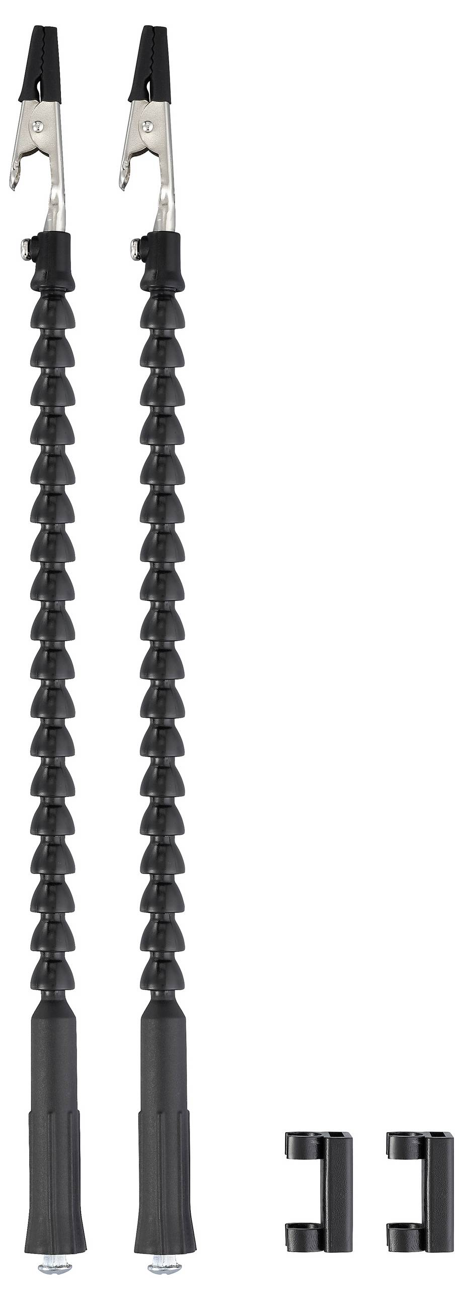 Zwei flexible Halterungen mit Klemmen an den Enden, geeignet zur Befestigung von Objekten; zwei Halterungen zur Stabilisierung enthalten.