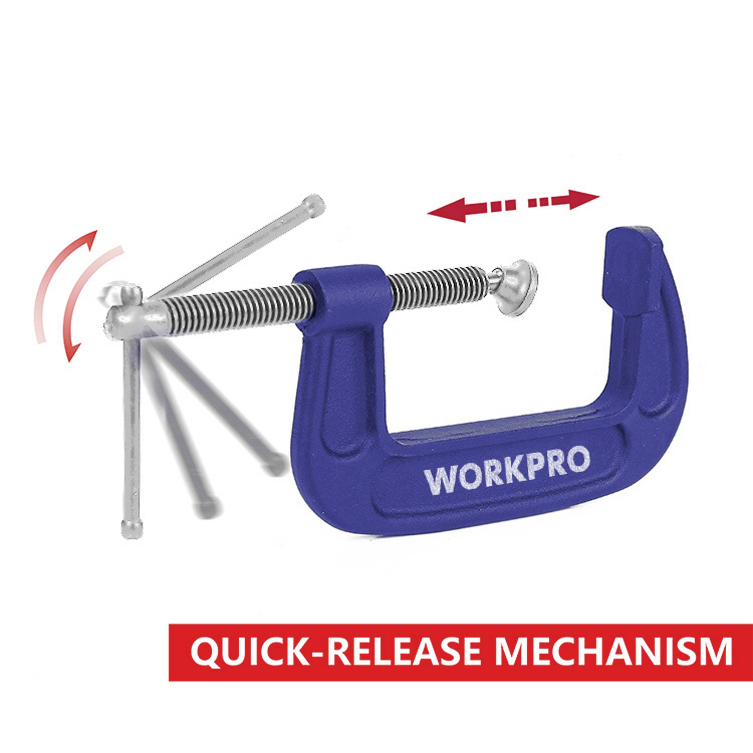 Ein blauer Schraubzwinge mit Schnelllösemechanismus. Ein roter Pfeil zeigt die Öffnungsrichtung an. Text: 'Quick-Release Mechanism'.