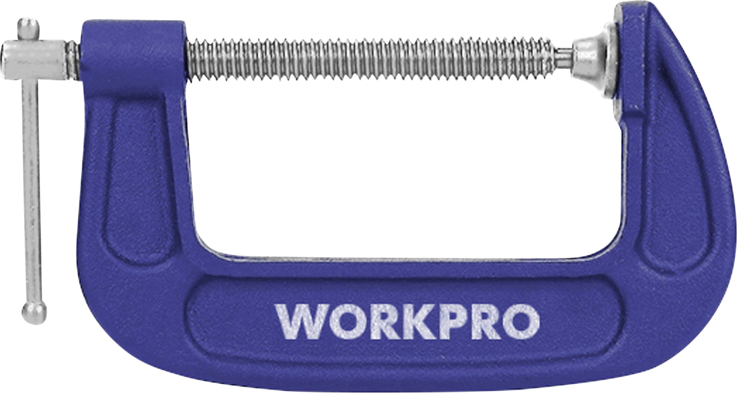 Ein blauer Schraubstock mit der Aufschrift 'WORKPRO', geeignet zum Halten von Objekten bei handwerklichen Arbeiten.