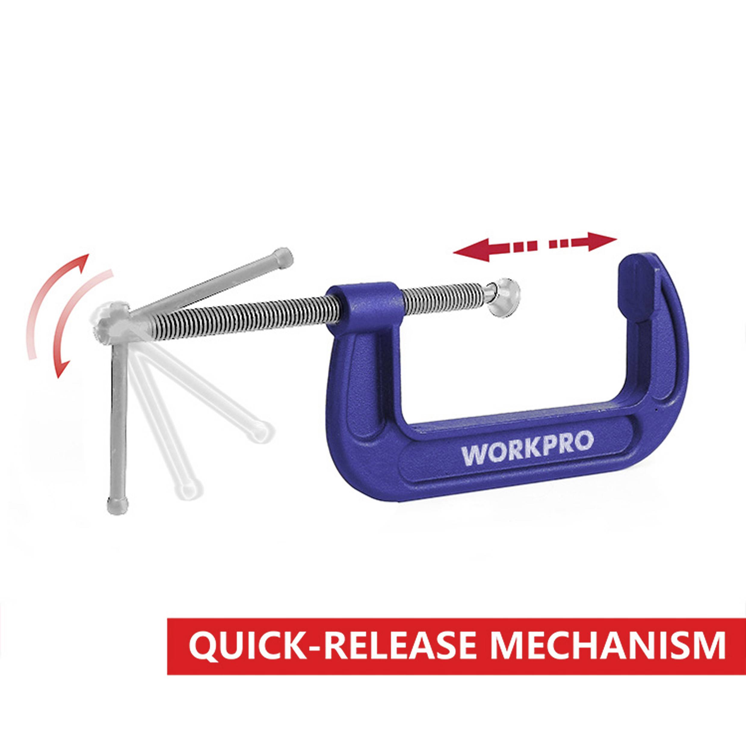 Ein blauer, schnell verstellbarer Schraubzwinge der Marke WORKPRO zeigt die Bewegungsmöglichkeit. Darunter steht 'Quick-Release Mechanism'.