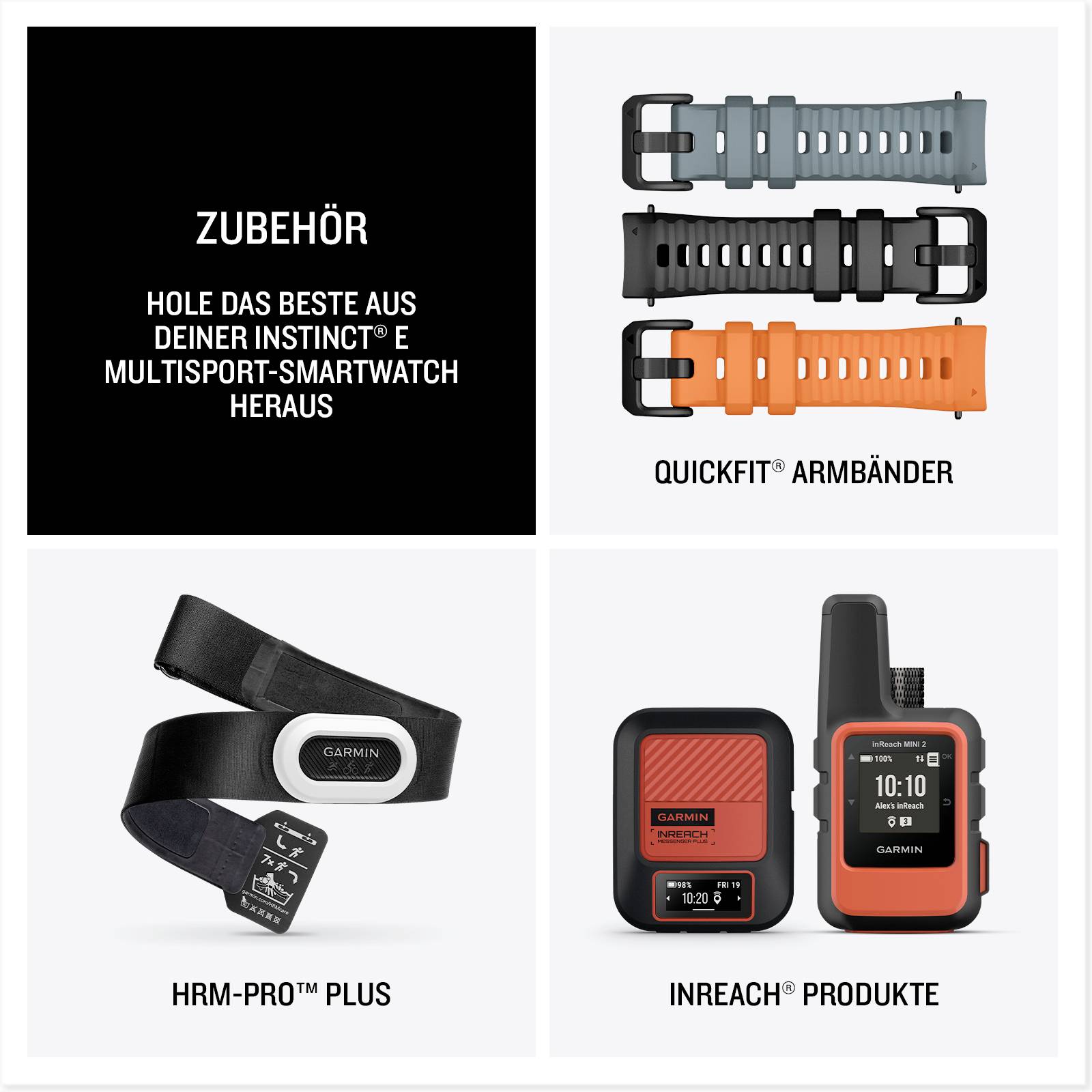 Zubehör für Multisport-Smartwatch: QuickFit Armbänder in grau und orange, HRM-Pro Plus Herzfrequenzgurt, InReach Produkte.