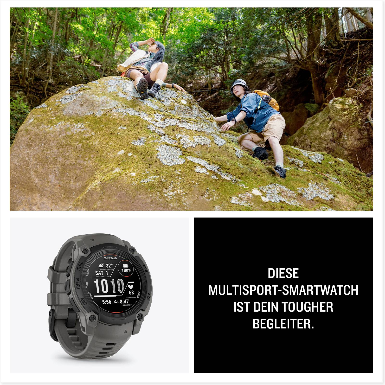 Oben: Zwei Personen beim Wandern auf einem Felsen im Wald. Unten links: Multisport-Smartwatch-Anzeige. Unten rechts: 'Diese Multisport-Smartwatch ist dein tougher Begleiter.'