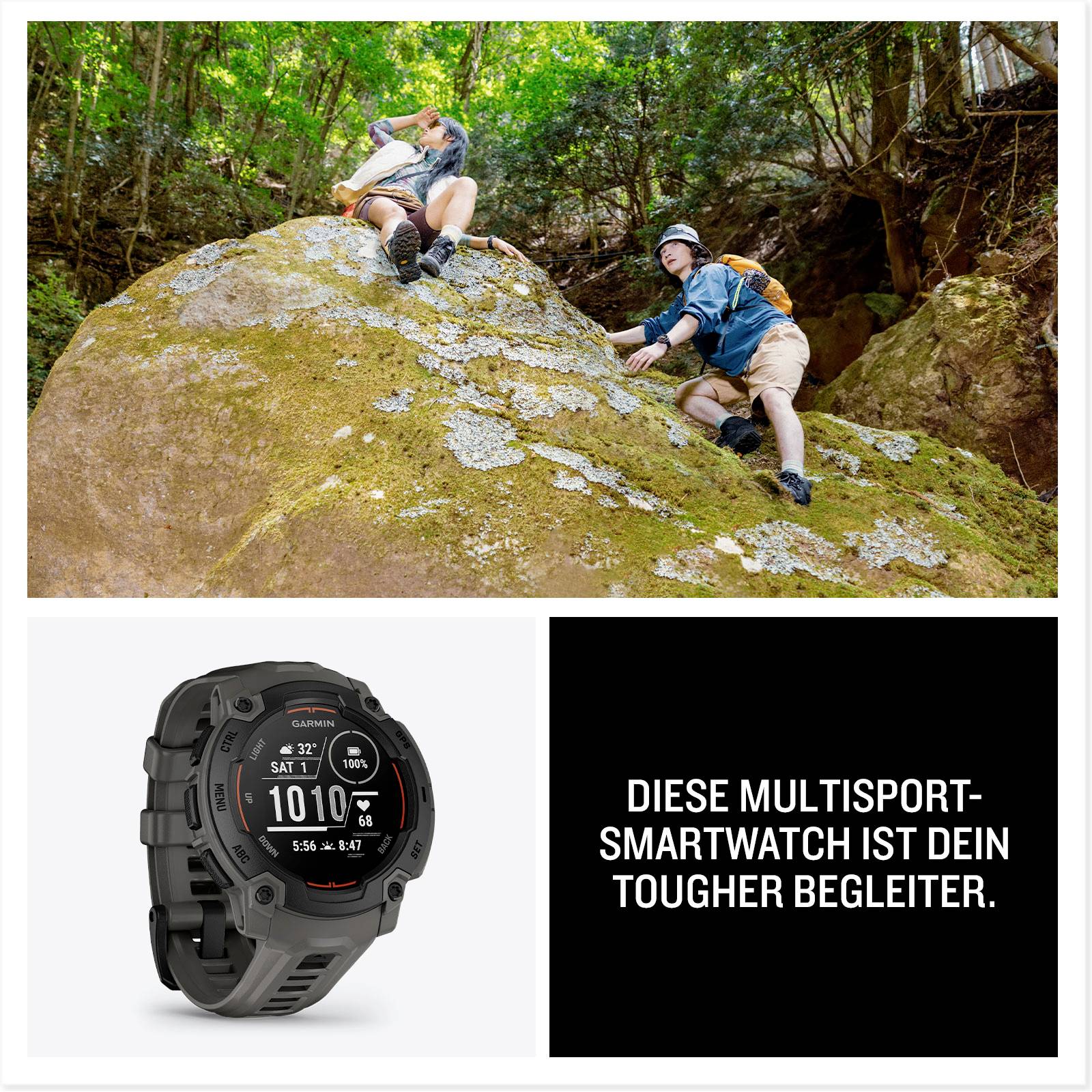 Zwei Personen beim Klettern im Wald; darunter eine schwarze Smartwatch mit Displayanzeige und der Text 'Diese Multisport-Smartwatch ist dein tougher Begleiter.'