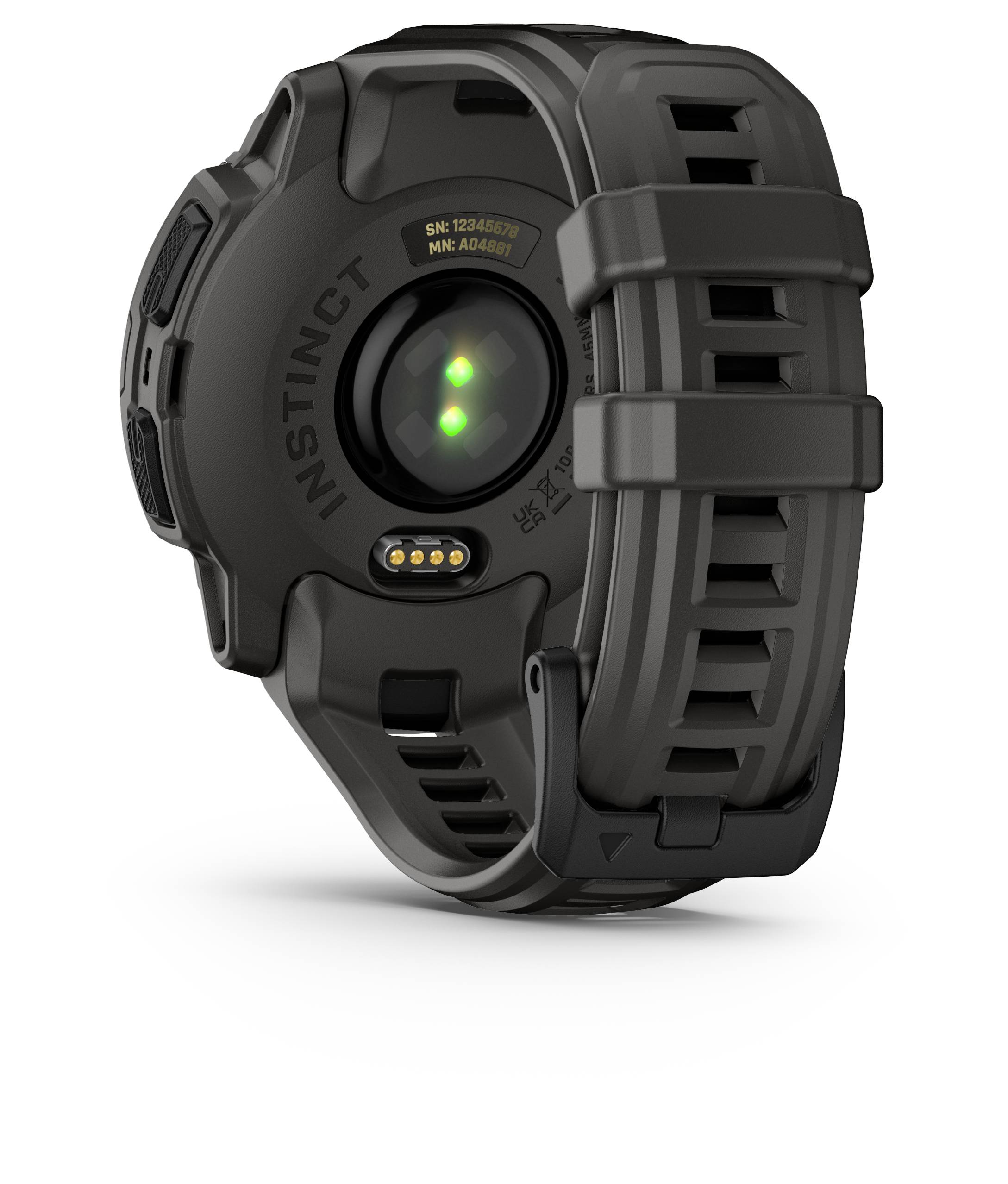 Eine schwarze, robuste Sportuhr mit Silikonarmband, Rückansicht zeigt Sensoren für Herzfrequenzmessung.