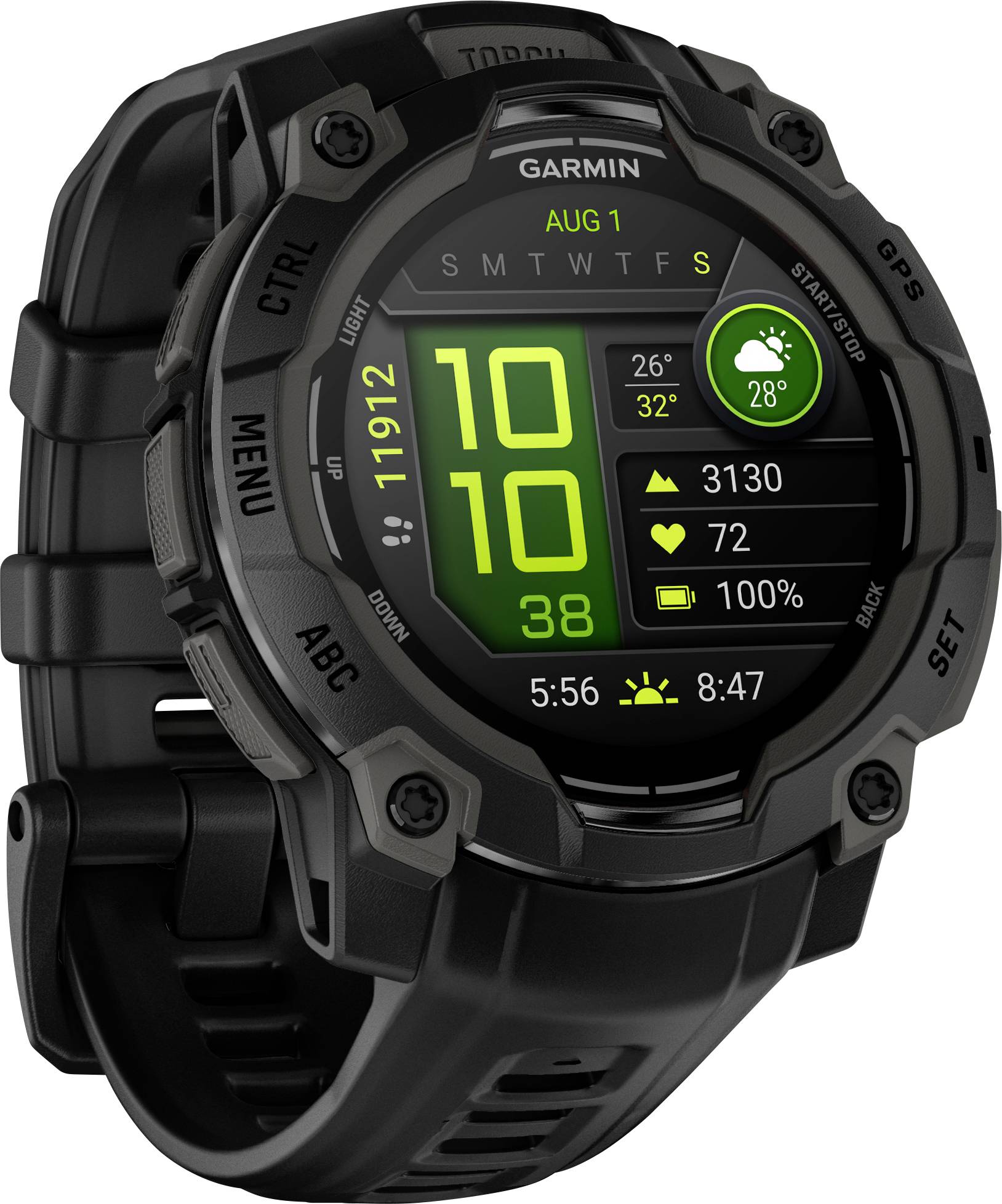 Eine schwarze Garmin-Smartwatch zeigt das Datum 1. August, Uhrzeit 10:10, Schritte 3120, Etagen 7, Wetter 26°C mit Wolken.